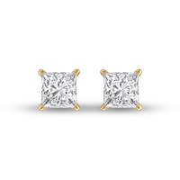 lab grown 3/4 carat princess cut solitaire diamond earrings in 14k yellow gold