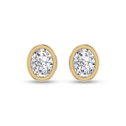 lab grown 1/2 carat oval bezel set solitaire diamond earrings in 14k yellow gold