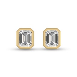 lab grown 1 carat emerald bezel set diamond solitaire earrings in 14k yellow gold
