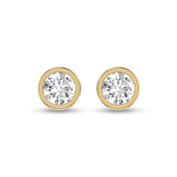 lab grown 1/2 carat round bezel set solitaire diamond earrings in 14k yellow gold