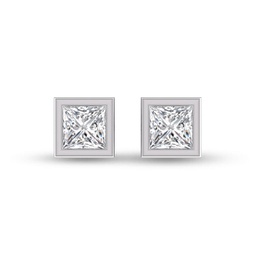 lab grown 1 carat princess cut bezel set solitaire diamond earrings in 14k white gold