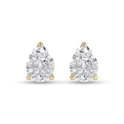 lab grown 3/4 carat pear shaped solitaire diamond earrings in 14k yellow gold
