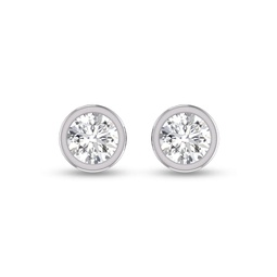 lab grown 1 carat round bezel set solitaire diamond earrings in 14k white gold