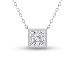 lab grown 3/4 carat princess cut bezel set diamond solitaire pendant in 14k white gold