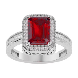 2 3/4 carat emerald shape created ruby and diamond ring in sterling silver