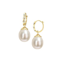 14K Yellow Gold, 9-9.5MM White South Sea Cultured Pearl & Diamond Drop Earrings
