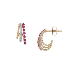 14k Yellow Gold, Ruby & Diamond J Huggie Earrings