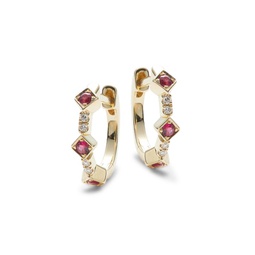14K Yellow Gold, Ruby & Diamond Huggie Earrings