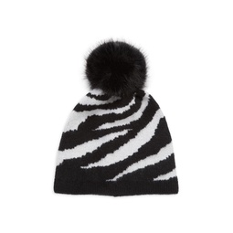 Zebra Pattern Faux Fur Trim Cashmere Beanie