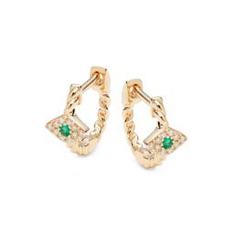 14K Yellow Gold, Emerald & Diamond Evil Eye Huggie Earrings