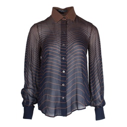 striped buttoned blouse in brown and blue silk