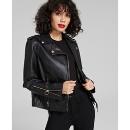 Womens Leather Zip-Cuff Moto Jacket