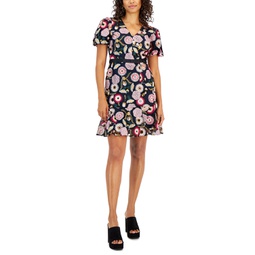 Womens Embroidered Floral A-Line Dress