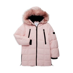 Little Girls Faux Fur Trim Hood Puffer Jacket
