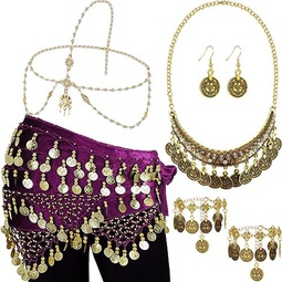 Sasylvia 5 Sets Womens Belly Dance Jewelry Set Belly Dance Hip Scarf Wrap Belt Head Chain Necklace Earrings Tassel Bracelets