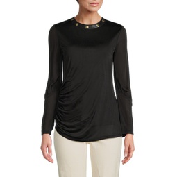 Leather Trim Ruched Top