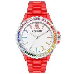 Womens Analog Transparent Red Plastic with Rainbow Crystal Bracelet Watch 40mm