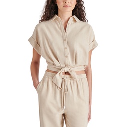 Womens Tori Tie-Front Button-Down Elastic-Waist Cropped Top