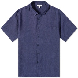 Sunspel Linen Short Sleeve Shirt Navy Melange