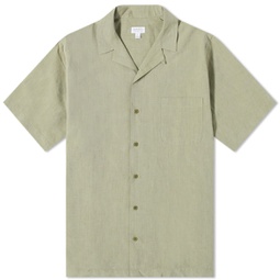 Sunspel Cotton Linen Short Sleeve Shirt Hunter Green Melange