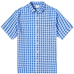 Sunspel Linen Short Sleeve Shirt Blue Gingham