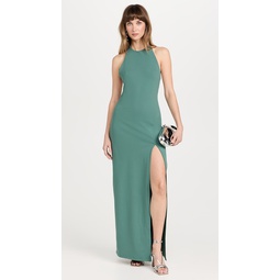 High Neck Low Back Halter Slit Dress