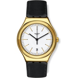 Swatch Mens EDGY TIME Irony Big Classic White Dial Black Leather Strap YWG404 Watch