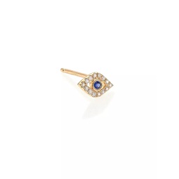 Diamond, Sapphire & 14K Yellow Gold Evil Eye Single Stud Earring