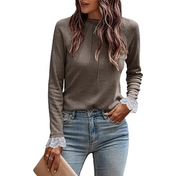 Syellowafter Womens Crewneck Lace Patchwork Long Sleeves Shirts Fall Fashion Blouses Sexy Casual Tunic Lady Tops