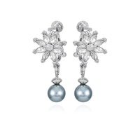 Silver-Tone Imitation Glass Pearl Flower Stud Dangle Charm Earrings