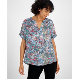 Womens Printed Split-Neck Rolled-Cuff Top