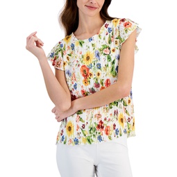 Womens Floral-Printed Flutter-Sleeve Pleated Top