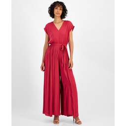 Womens V-Neck Pleated Jumpsuit