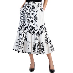 Womens Printed Pull-On Tiered Midi Skirt