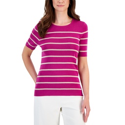 Womens Striped Round-Neck Short-Sleeve Sweater Top