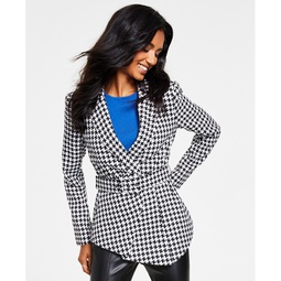 Womens Houndstooth Belted Asymmetrical Jacket