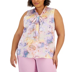 Plus Size Floral Sleeveless Bow Blouse