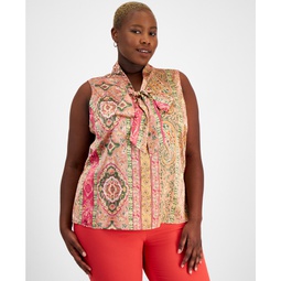 Plus Size Printed Sleeveless Bow Blouse