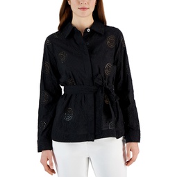 Womens Cotton Floral Eyelet Tie-Waist Shacket