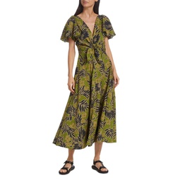 Lonna Leaf Print Knot Midi A-Line Dress
