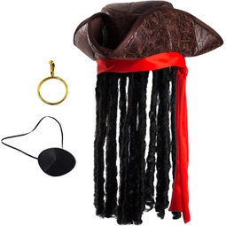 Tigerdoe Pirate Hat with Dreadlocks - Tricorn Pirate Hat - Caribbean Pirate Hat - Pirate Costume Accessories (3 Pc Set), Brown