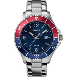 Timex Mens Diver-Inspired 3-Hand 43mm Watch  Silver-Tone Case Blue Dial Red Accents with Stainless Steel Bracelet
