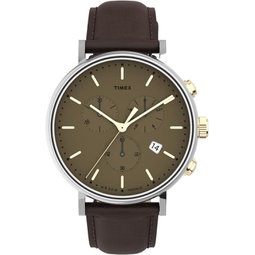Timex Mens Fairfield Chrono 41mm Watch  Silver-Tone & Khaki with Brown Genuine Leather Strap