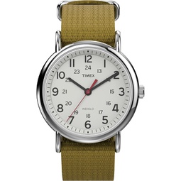 Timex Unisex Weekender 38mm Watch  Silver-Tone Case White Dial with Olive Fabric Slip-Thru Strap