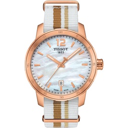 Tissot mens Quickster 316L stainless steel case with rose gold PVD coating Swiss quartz Watch, White,Brown,Beige, Fabric, 19 (T0954103711700)
