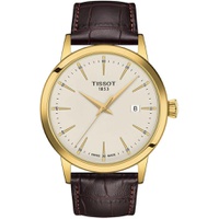 Tissot Mens Classic Dream 316L Stainless Steel case with Yellow Gold PVD Coating Quartz Watch, Brown, Leather, 22 (T1294103626100)