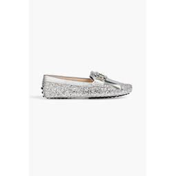 T-ring fringed glittered metallic leather loafers