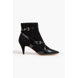 Patent leather-trimmed suede ankle boots