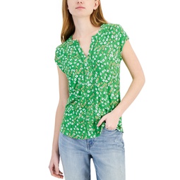 Womens Ditsy Floral Cap-Sleeve Top