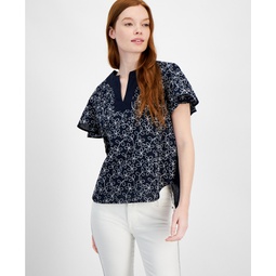 Womens Embroidered Cotton Flutter-Sleeve Top